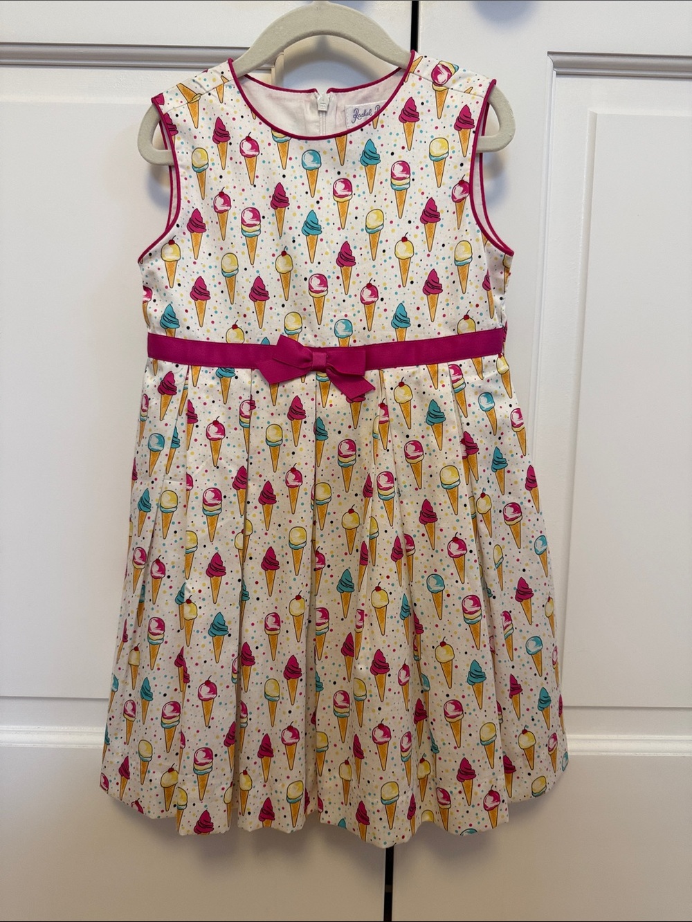 Rachel Riley Cream Ice Cream Print Dress with Fuchsia Trim